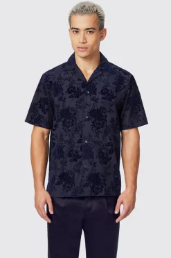 Style·Patterned Shirts|Style·Floral Shirts|Twisted Tailor Albon Navy Floral Flocked Short Sleeve Shirt