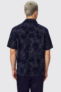Style·Patterned Shirts|Style·Floral Shirts|Twisted Tailor Albon Navy Floral Flocked Short Sleeve Shirt