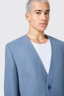 Unisex|Jackets·Casual Jackets|Twisted Tailor Anthony Oversized Blue Waffle Knit Cotton Suit