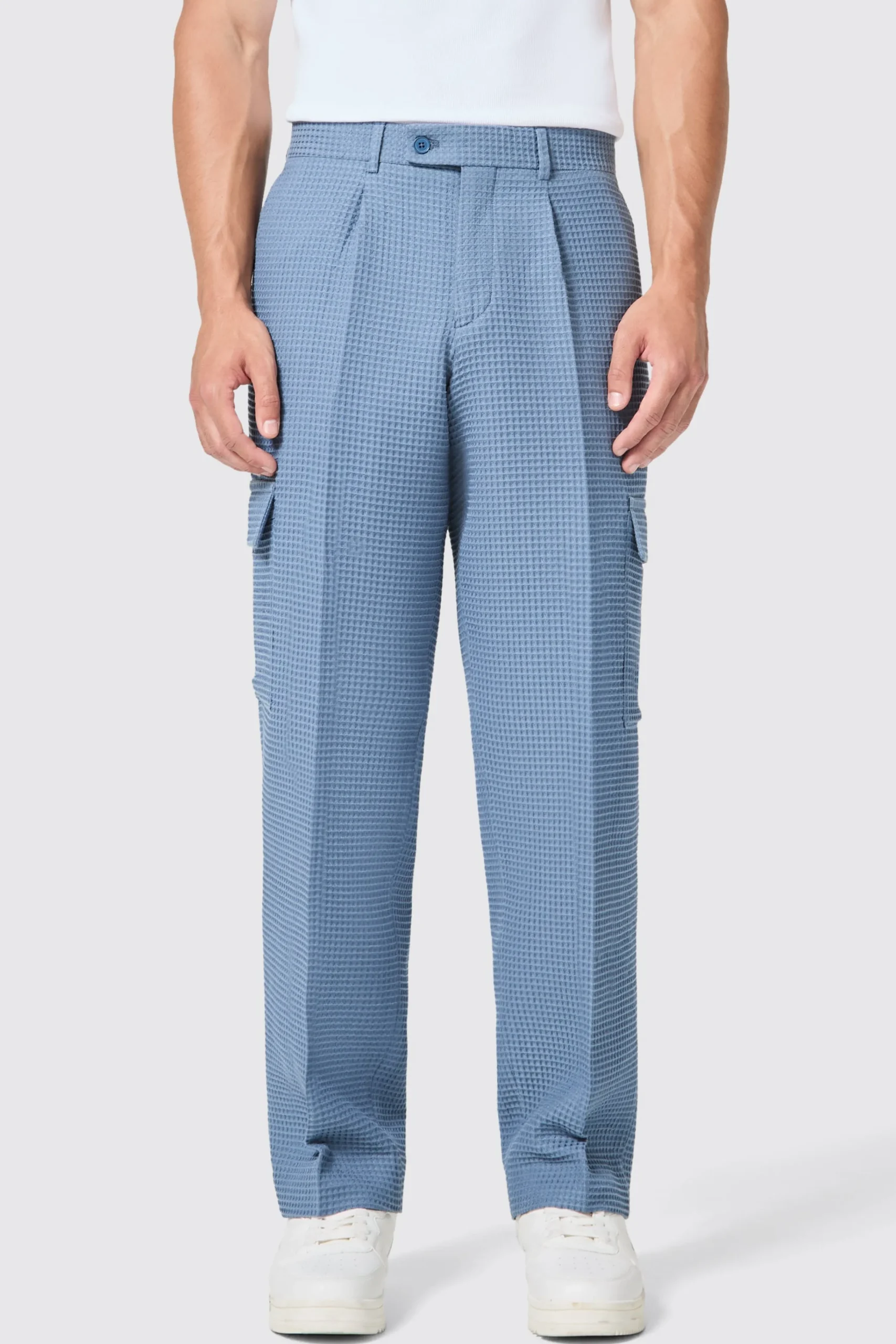 Unisex|Trousers·Casual Trousers|Twisted Tailor Anthony Oversized Blue Waffle Knit Cotton Trousers