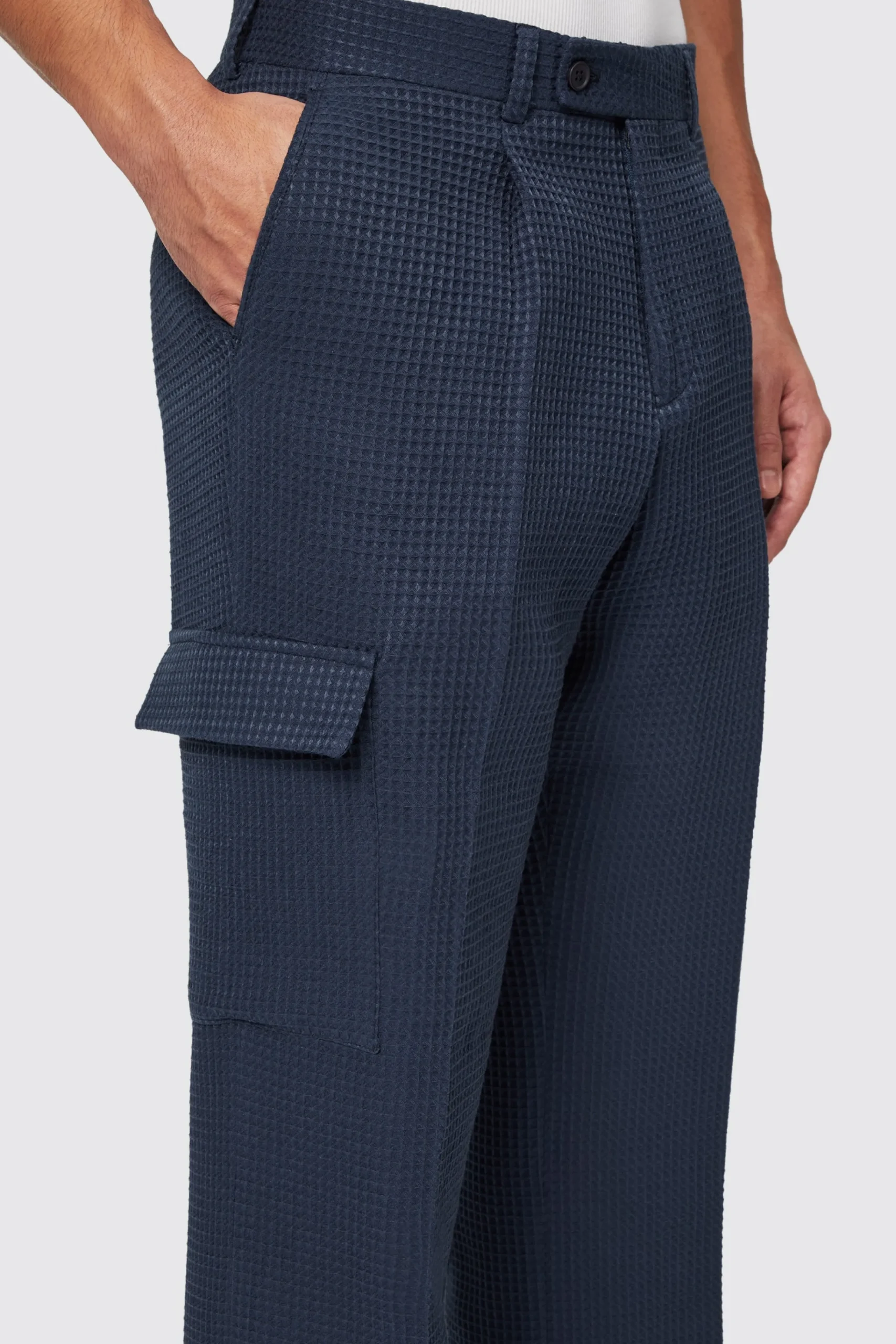 Unisex|Trousers·Casual Trousers|Twisted Tailor Anthony Oversized Navy Waffle Knit Cotton Trousers