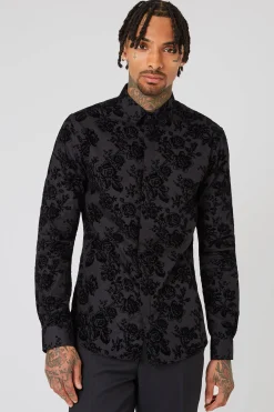 Style·Floral Shirts|Occasion·Formal Shirts|Twisted Tailor Armada Skinny Fit Black Floral Flocked Cotton Shirt