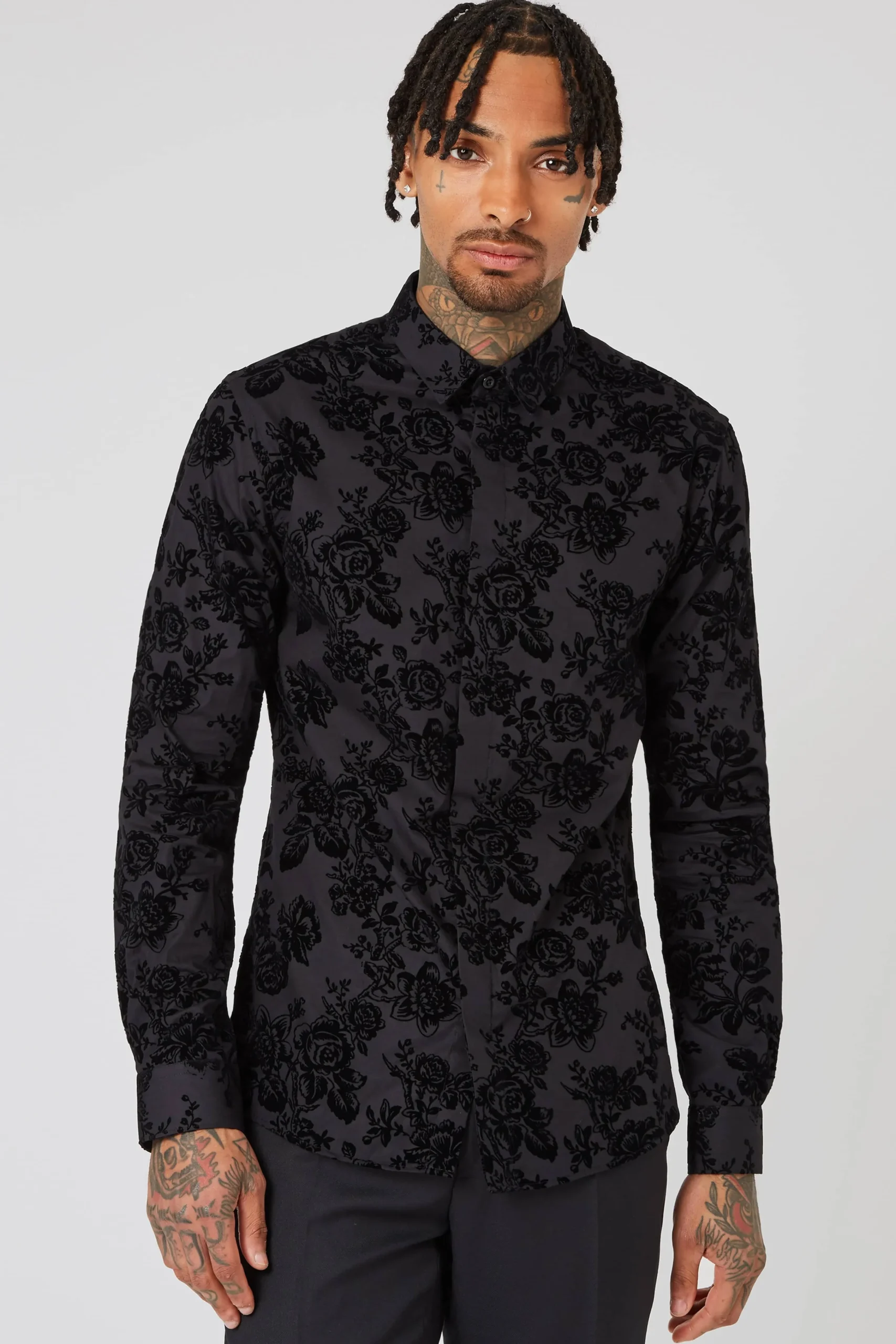 Style·Floral Shirts|Occasion·Formal Shirts|Twisted Tailor Armada Skinny Fit Black Floral Flocked Cotton Shirt