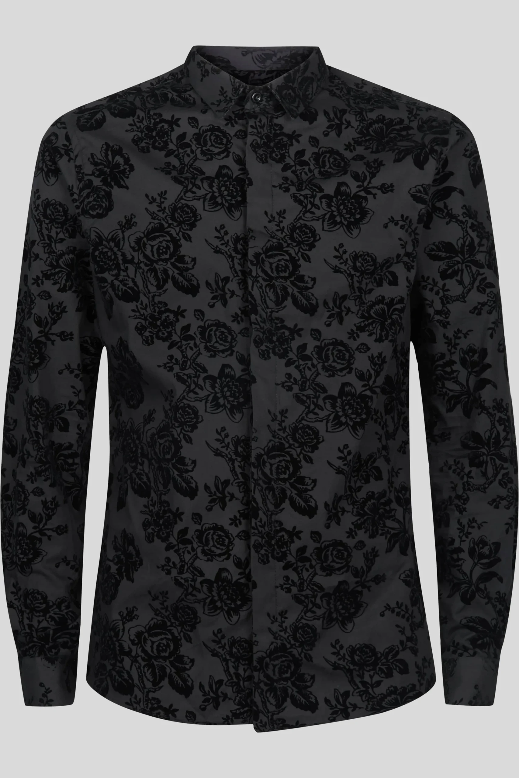 Style·Floral Shirts|Occasion·Formal Shirts|Twisted Tailor Armada Skinny Fit Black Floral Flocked Cotton Shirt