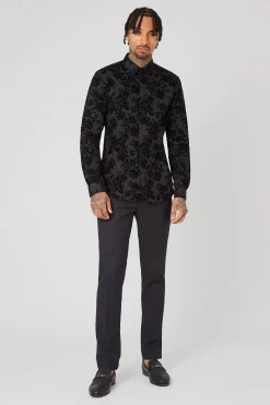 Style·Floral Shirts|Occasion·Formal Shirts|Twisted Tailor Armada Skinny Fit Black Floral Flocked Cotton Shirt