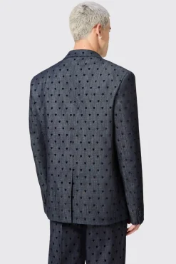 Unisex|Jackets·Casual Jackets|Twisted Tailor Blugi Slim Fit Blue Denim Heart Flocked Cotton Suit