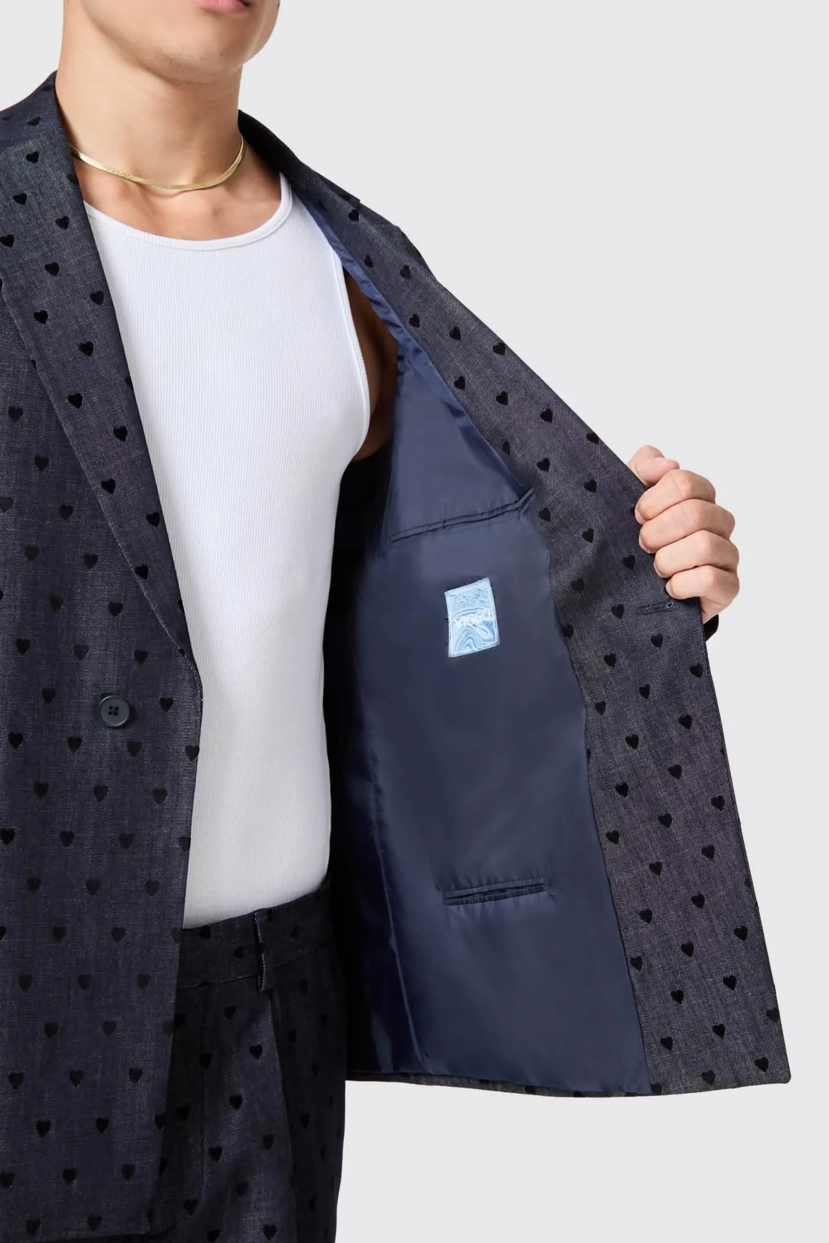 Unisex|Jackets·Casual Jackets|Twisted Tailor Blugi Slim Fit Blue Denim Heart Flocked Cotton Suit
