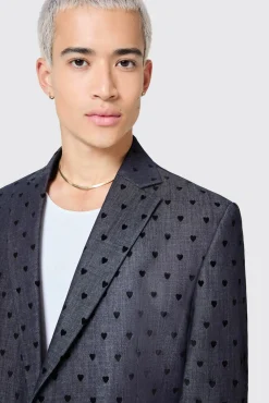 Unisex|Jackets·Casual Jackets|Twisted Tailor Blugi Slim Fit Blue Denim Heart Flocked Cotton Jacket