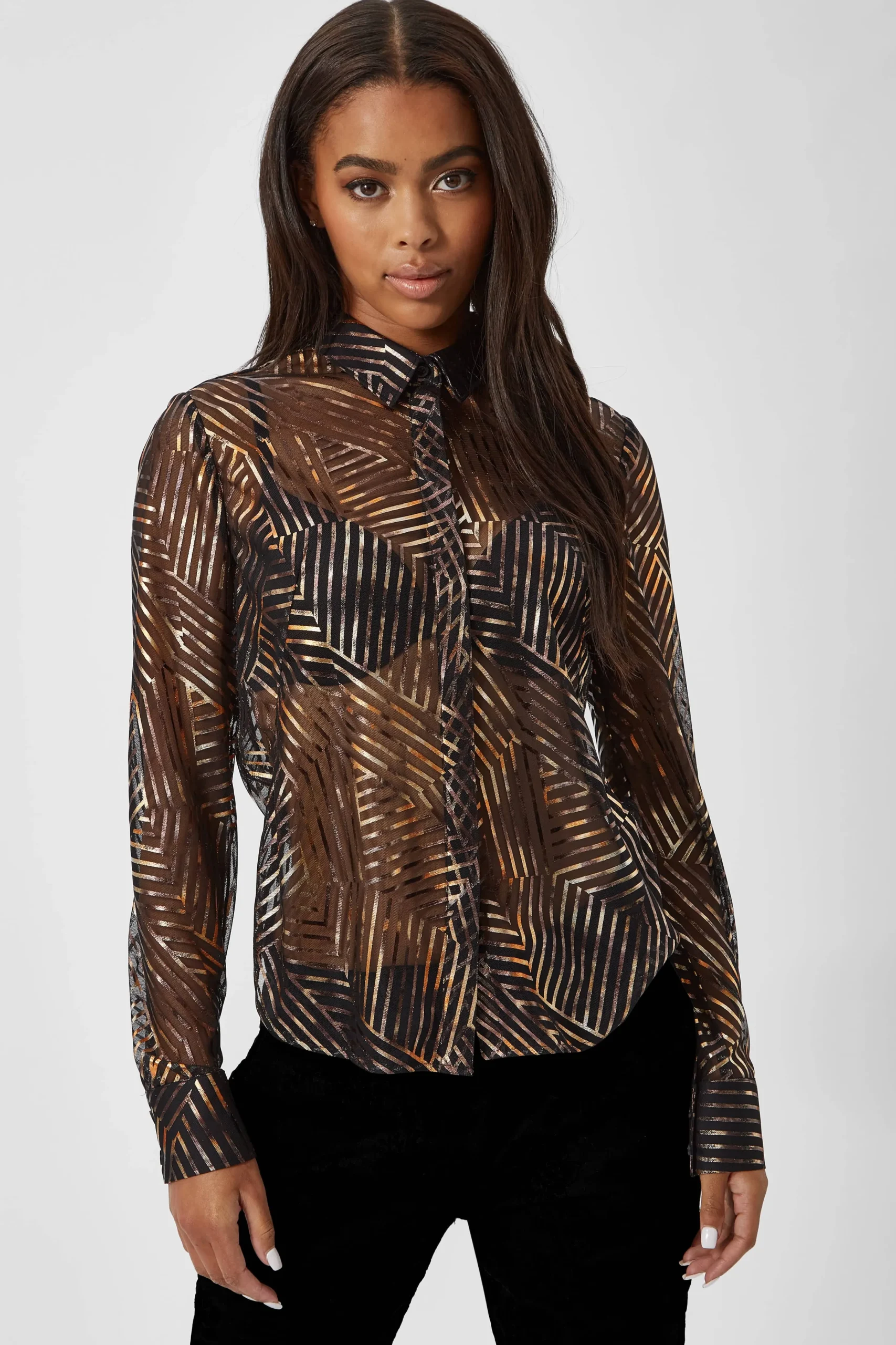Woman|Twisted Tailor Capaldi Slim Fit Black Geometric Shirt