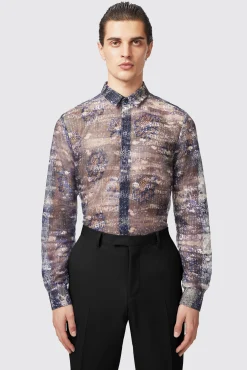Style·Patterned Shirts|Occasion·Party Shirts|Twisted Tailor Caples Slim Fit Blue Mesh Shirt