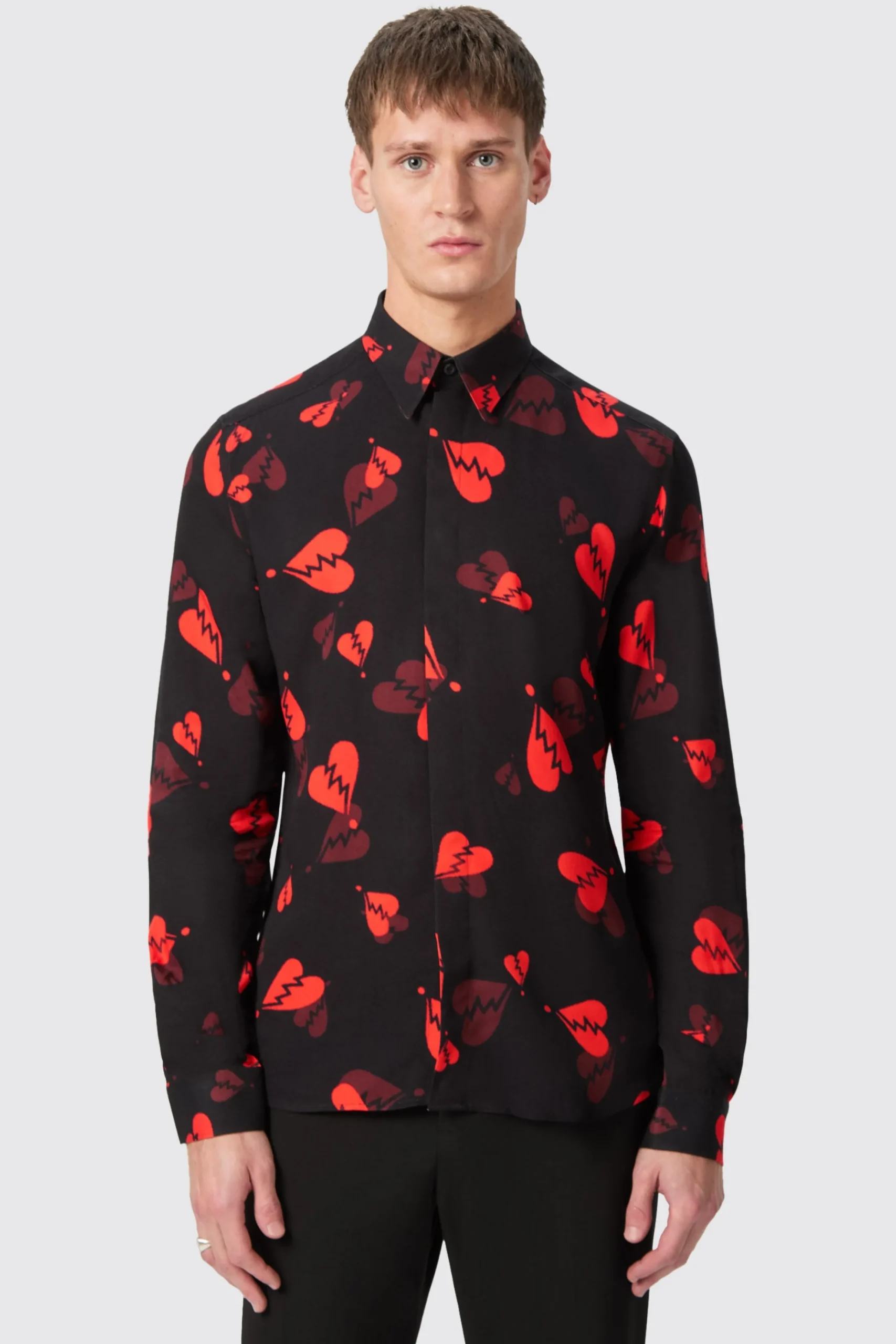 Occasion·Formal Shirts|Occasion·Party Shirts|Twisted Tailor Casse Slim Fit Heart Flocked Black Shirt