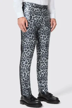 Trousers·Party Trousers|Twisted Tailor Devries Slim Fit Silver Leopard Print Tuxedo Trousers
