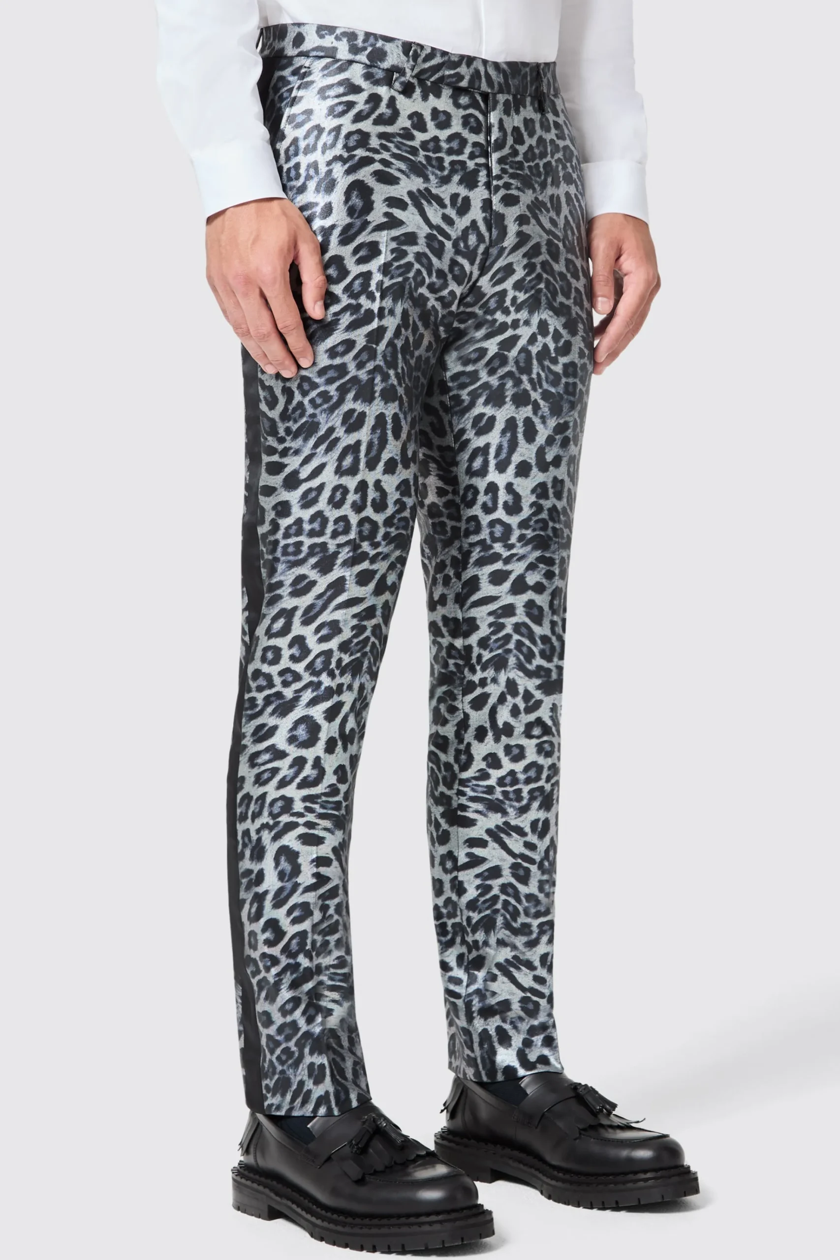 Trousers·Party Trousers|Twisted Tailor Devries Slim Fit Silver Leopard Print Tuxedo Trousers
