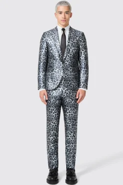 Trousers·Party Trousers|Twisted Tailor Devries Slim Fit Silver Leopard Print Tuxedo Trousers