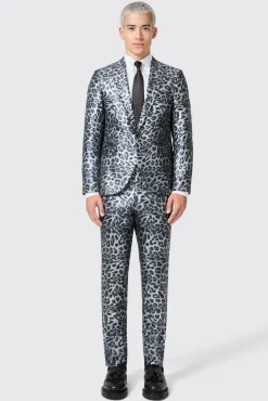 Style·Tuxedos|Style·Bold Prints|Twisted Tailor Devries Slim Fit Silver Leopard Print Tuxedo Suit