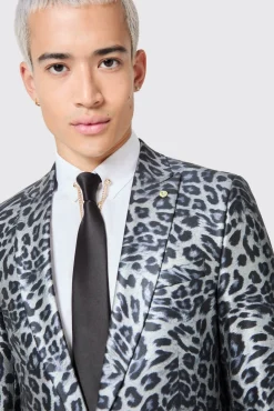 Jackets·Party Jackets|Twisted Tailor Devries Slim Fit Silver Leopard Print Tuxedo Jacket