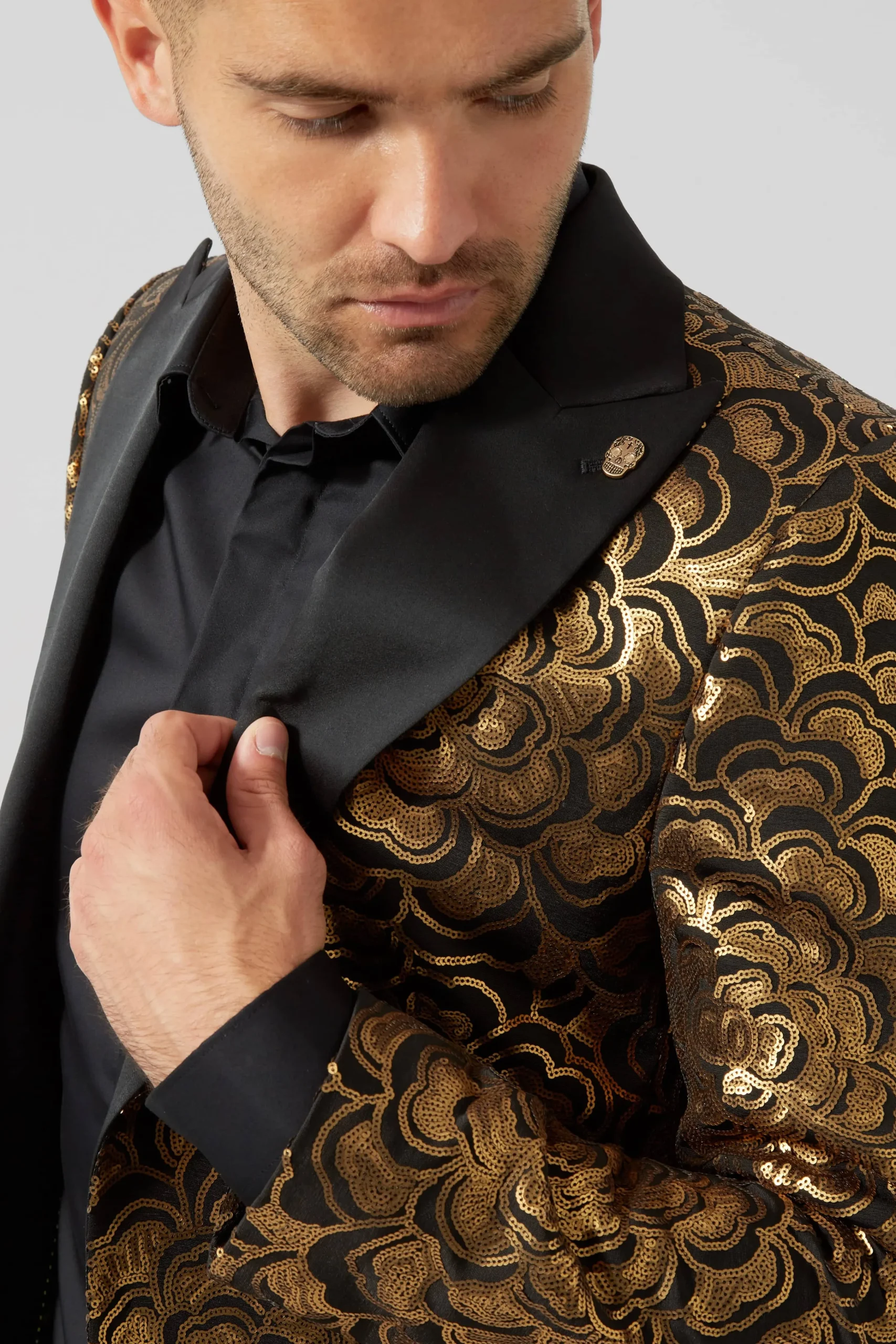 Occasion·Party Suits|Twisted Tailor Emiliano Skinny Fit Gold Floral Sequin Jacket