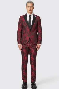 Style·Floral Suits|Style·2 Piece Suits|Twisted Tailor Ersat Skinny Fit Red Floral Jacquard Tuxedo