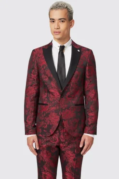 Style·Floral Suits|Style·2 Piece Suits|Twisted Tailor Ersat Skinny Fit Red Floral Jacquard Tuxedo