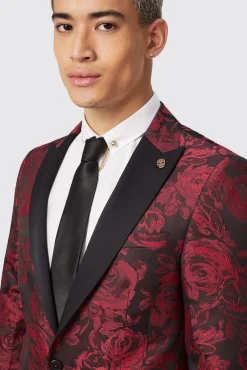 Style·Floral Suits|Style·2 Piece Suits|Twisted Tailor Ersat Skinny Fit Red Floral Jacquard Tuxedo