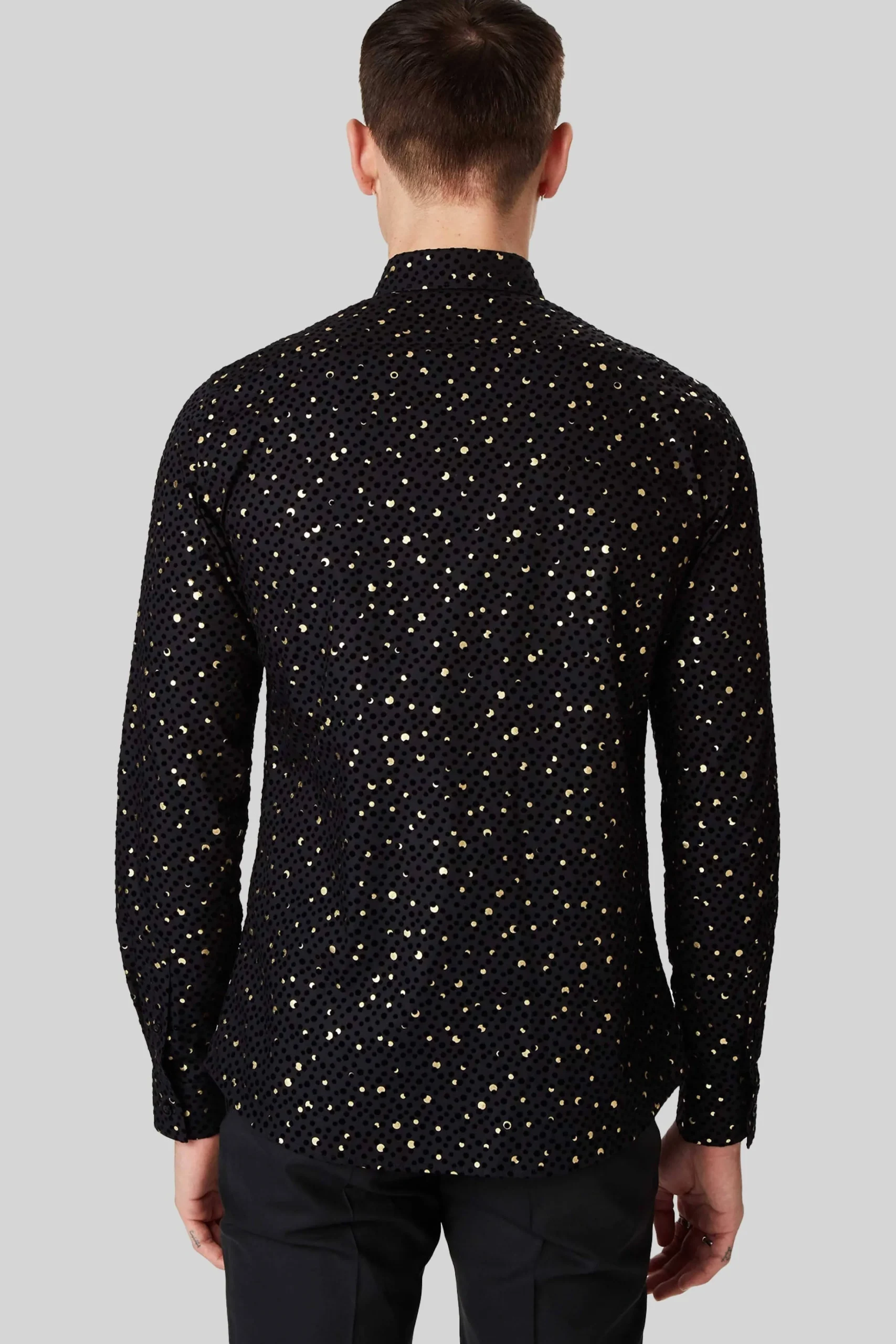 Style·Patterned Shirts|Occasion·Party Shirts|Twisted Tailor Farrow Black Skinny Fit Shirt With Black And Gold Spot Print