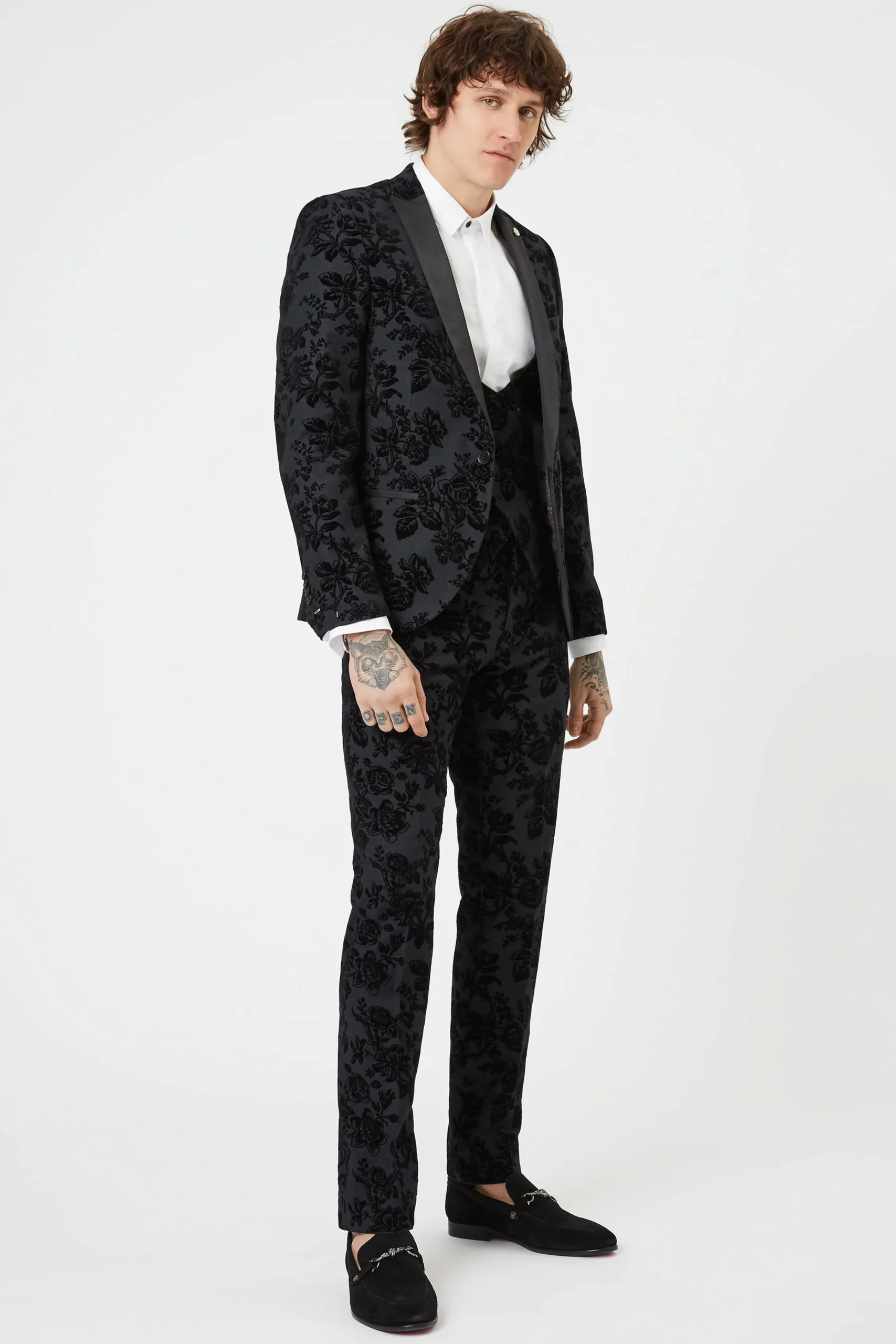 Waistcoats|Twisted Tailor Fleet Skinny Fit Black Floral Tuxedo Waistcoat