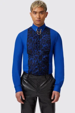 Style·Patterned Shirts|Style·Plain Shirts|Twisted Tailor Form Skinny Fit Blue Lace Panel Shirt