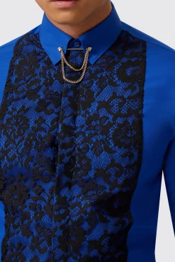 Style·Patterned Shirts|Style·Plain Shirts|Twisted Tailor Form Skinny Fit Blue Lace Panel Shirt