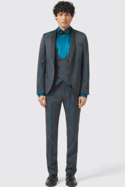 Style·3 Piece Suits|Occasion·Wedding Suits|Twisted Tailor Garland Skinny Fit Black Green Check Suit