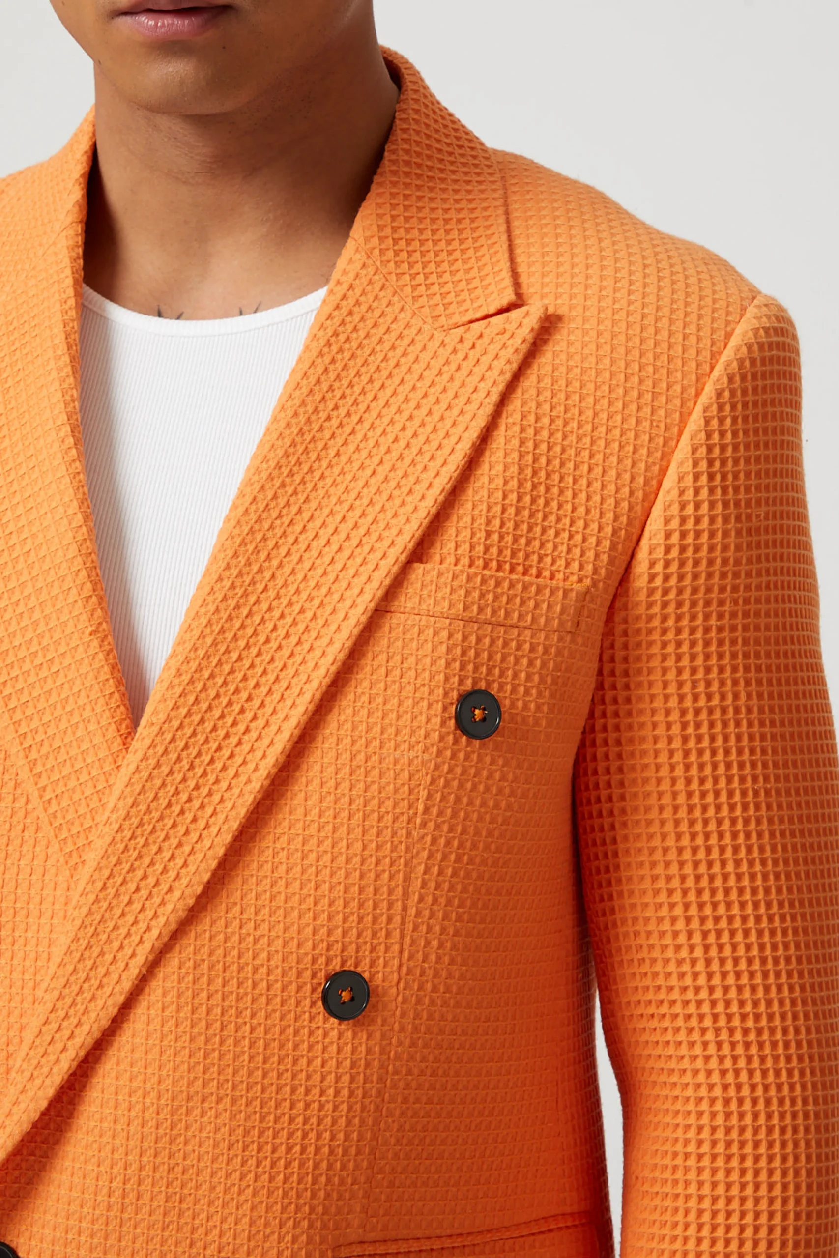 Unisex|Twisted Tailor Gaufre Double Breasted Orange Waffle Knit Cotton Jacket