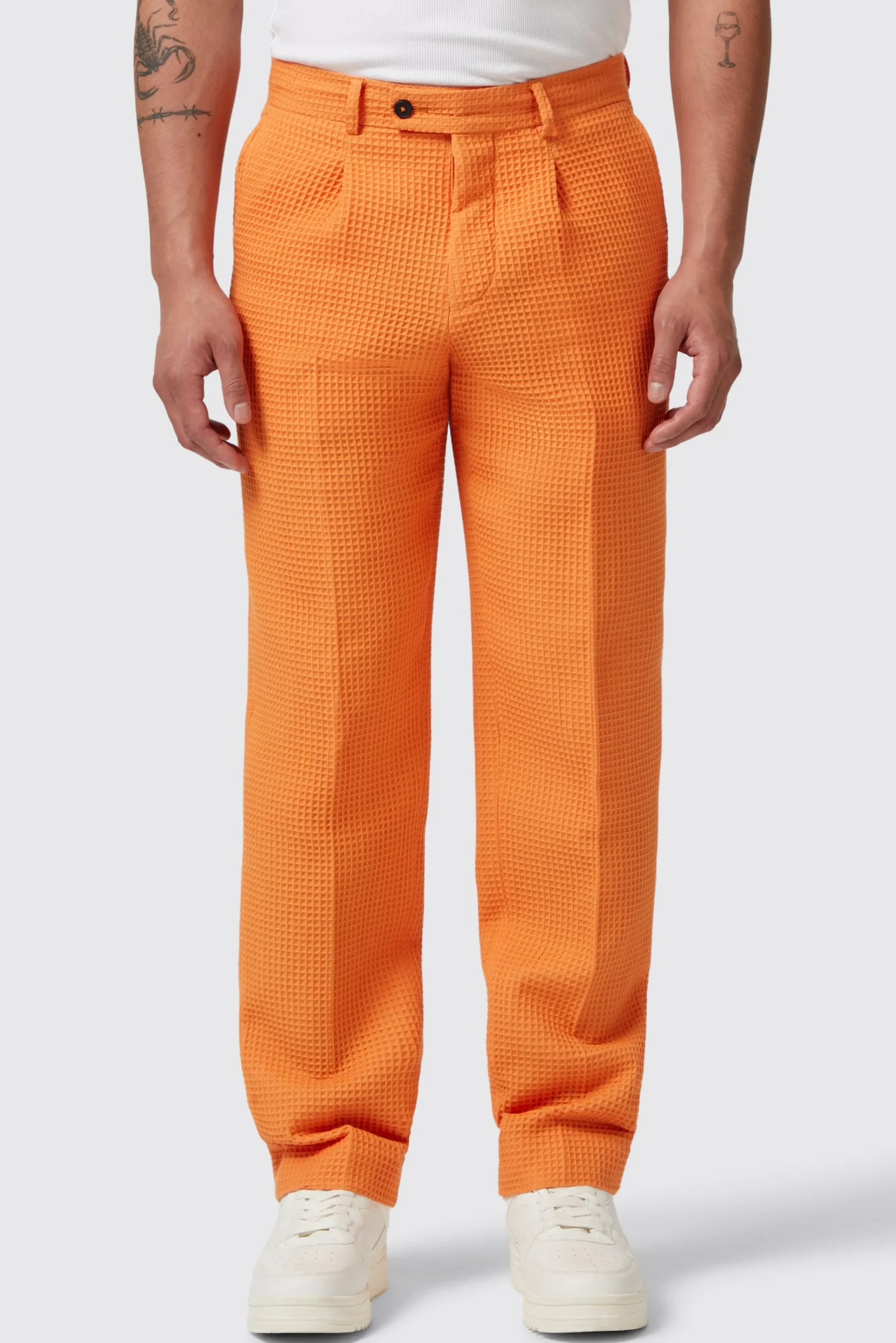Unisex|Twisted Tailor Gaufre Orange Waffle Knit Cotton Trousers