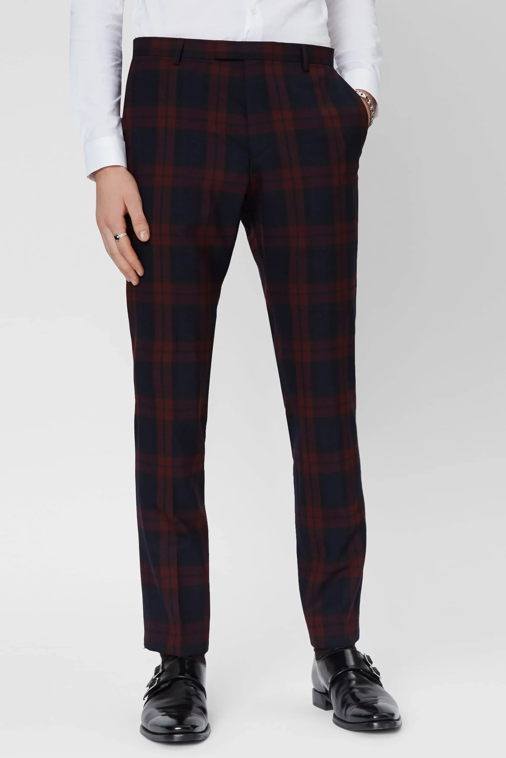 Trousers·Casual Trousers|Trousers·Party Trousers|Twisted Tailor Ginger Skinny Fit Burgundy Tartan Trousers
