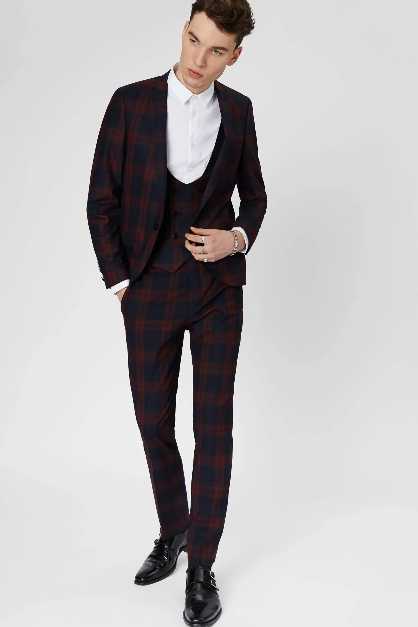 Trousers·Casual Trousers|Trousers·Party Trousers|Twisted Tailor Ginger Skinny Fit Burgundy Tartan Trousers