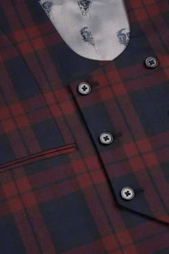 Waistcoats|Twisted Tailor Ginger Skinny Fit Burgundy Tartan Waistcoat
