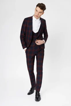 Style·Check Suits|Style·3 Piece Suits|Twisted Tailor Ginger Skinny Fit Burgundy Tartan Suit