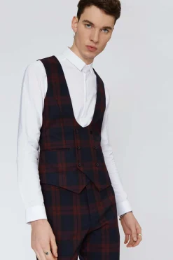 Style·Check Suits|Style·3 Piece Suits|Twisted Tailor Ginger Skinny Fit Burgundy Tartan Suit