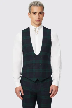 Waistcoats|Twisted Tailor Ginger Skinny Fit Green Tartan Waistcoat