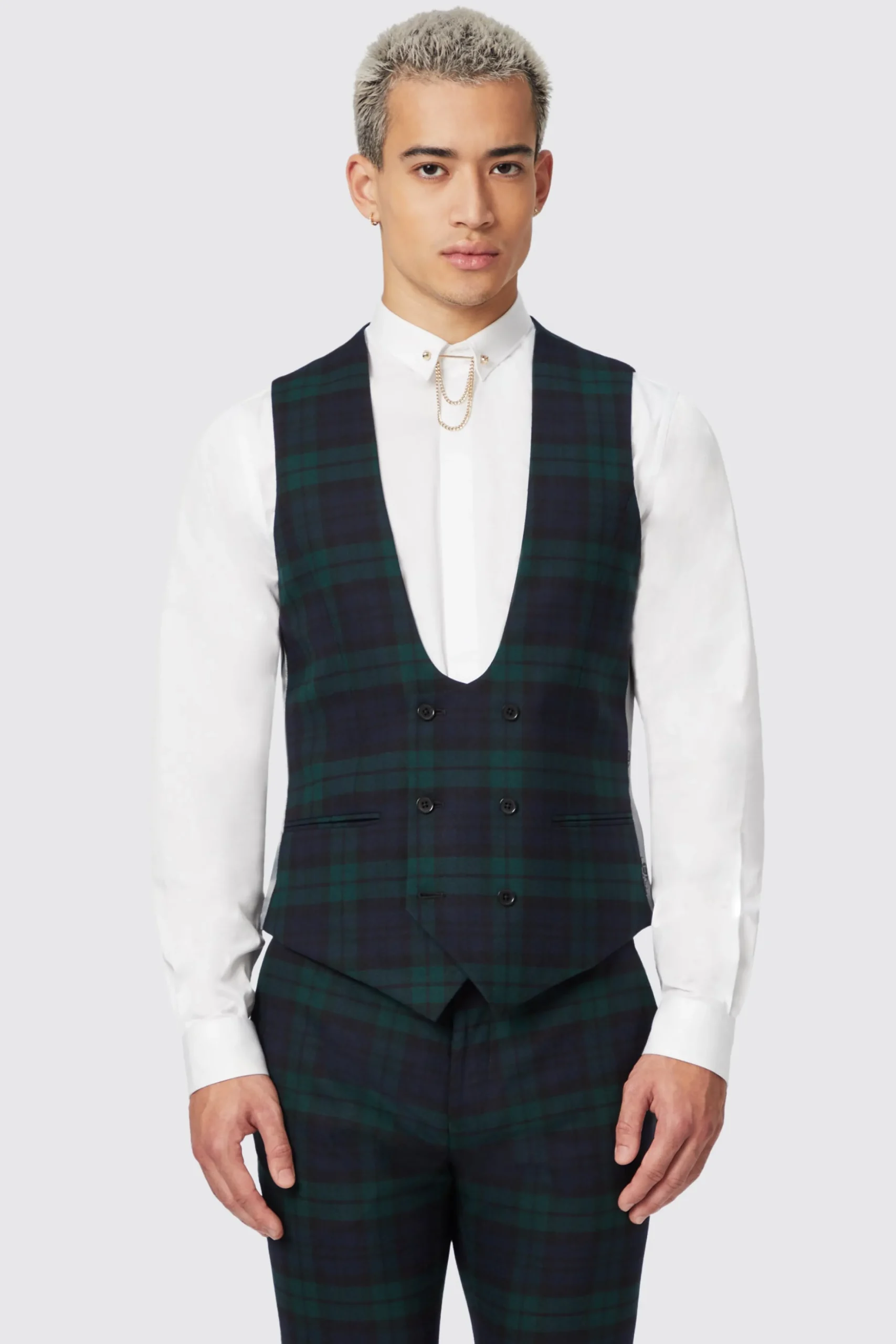 Waistcoats|Twisted Tailor Ginger Skinny Fit Green Tartan Waistcoat