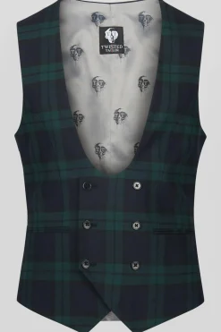 Waistcoats|Twisted Tailor Ginger Skinny Fit Green Tartan Waistcoat