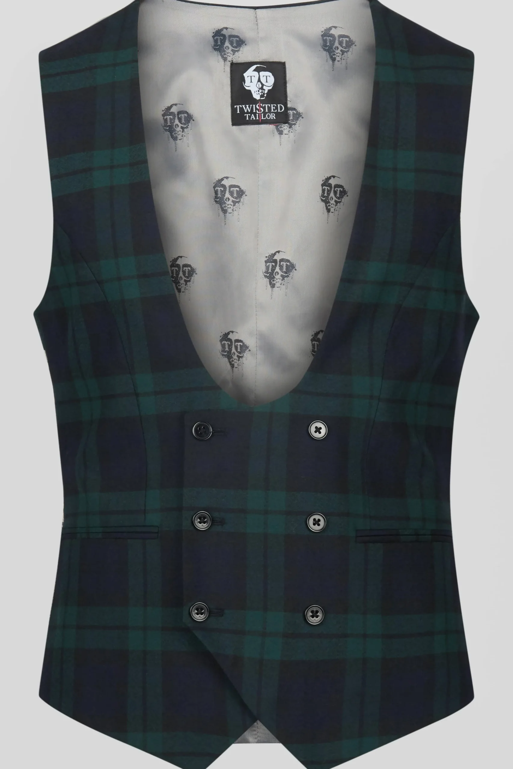 Waistcoats|Twisted Tailor Ginger Skinny Fit Green Tartan Waistcoat