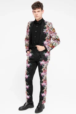 Trousers·Floral Trousers|Twisted Tailor Ikeda Slim Fit Black Cotton Floral Trousers