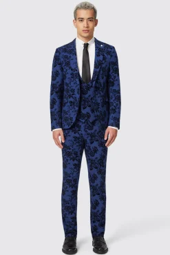 Style·Floral Suits|Style·3 Piece Suits|Twisted Tailor Jackalope Blue Suit With Floral Flocking