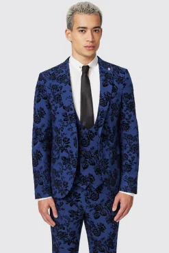 Style·Floral Suits|Style·3 Piece Suits|Twisted Tailor Jackalope Blue Suit With Floral Flocking