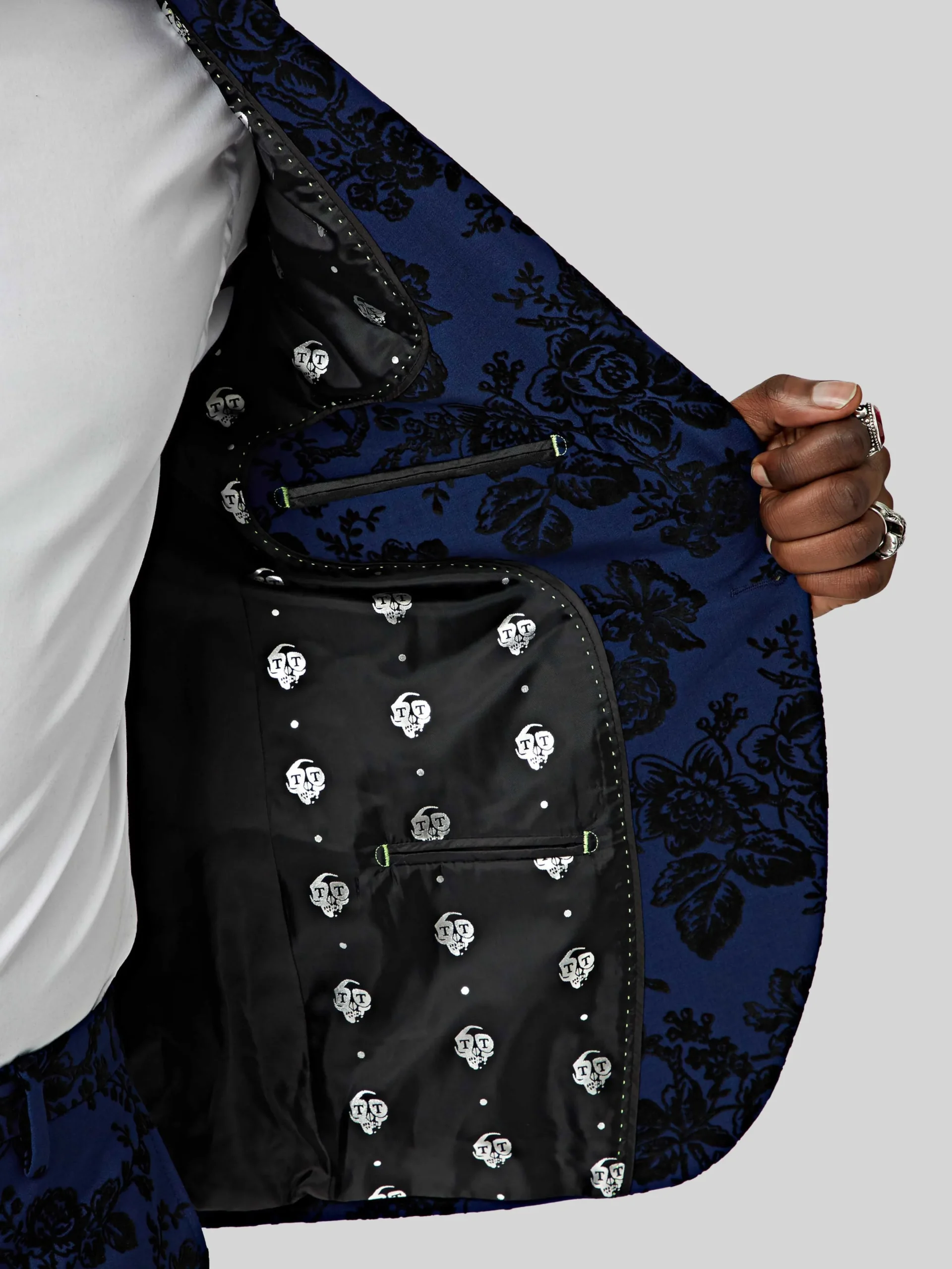 Style·Floral Suits|Style·3 Piece Suits|Twisted Tailor Jackalope Blue Suit With Floral Flocking