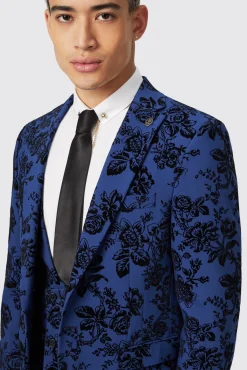 Style·Floral Suits|Style·3 Piece Suits|Twisted Tailor Jackalope Blue Suit With Floral Flocking