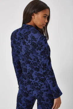 Woman|Twisted Tailor Jackalope Skinny Fit Blue Floral Flocked Jacket