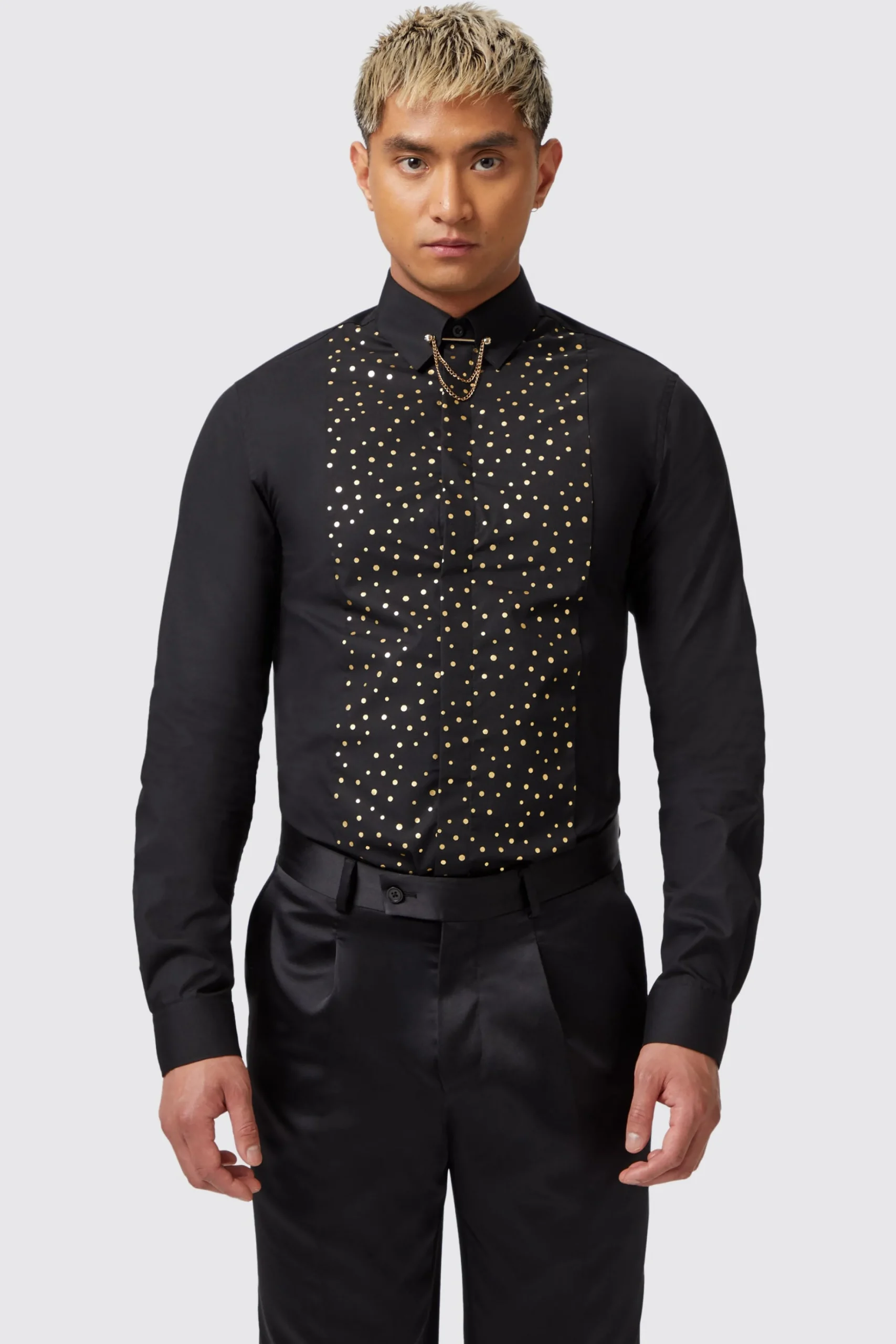 Style·Patterned Shirts|Occasion·Party Shirts|Twisted Tailor Luizzi Slim Fit Gold Spot Print Black Cotton Shirt
