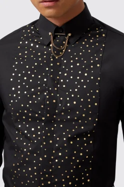 Style·Patterned Shirts|Occasion·Party Shirts|Twisted Tailor Luizzi Slim Fit Gold Spot Print Black Cotton Shirt