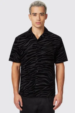 Style·Patterned Shirts|Occasion·Casual Shirts|Twisted Tailor Magnussen Slim Fit Zebra Flocked Black Shirt