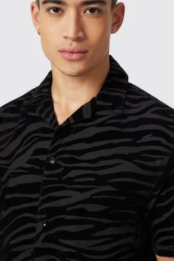 Style·Patterned Shirts|Occasion·Casual Shirts|Twisted Tailor Magnussen Slim Fit Zebra Flocked Black Shirt